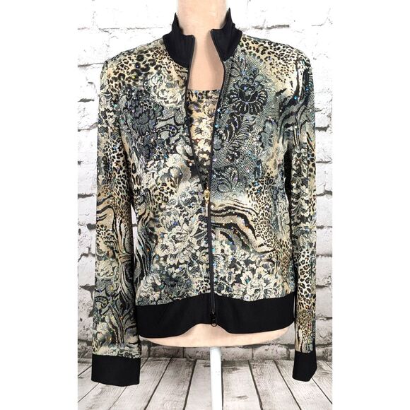 Joseph Ribkoff Tops - VINTAGE JOSEPH RIBKOFF Sequined Sheer Mesh Jacket & Tank Animal Floral US 10